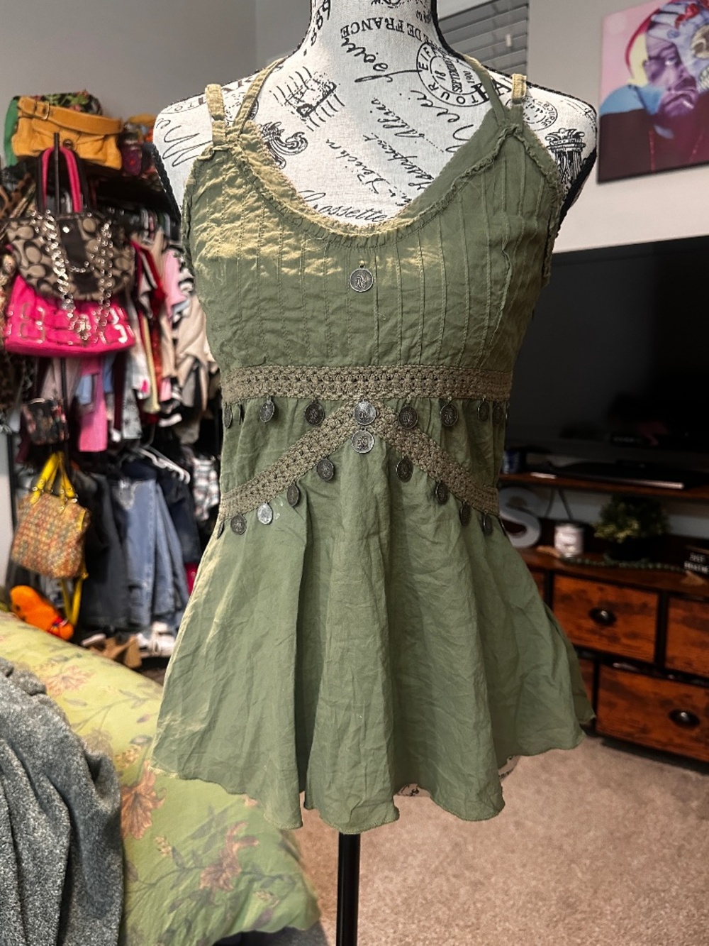 Green babydoll euro cami with crochet trim and vintage goin coin details